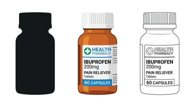 Detailed vector illustration showcasing medical ibuprofen pill bottles in three distinct styles for healthcare design projects