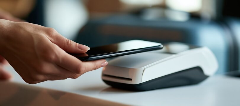 Hand holding smartphone near card reader for contactless payment