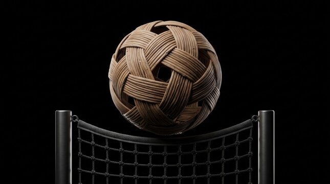 Sepak takraw ball resting on top of a net against a black