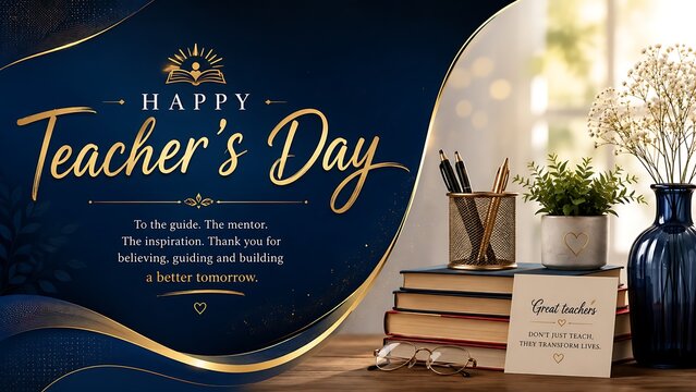 Happy teachers day greeting card template featuring blue and gold background with books and flowers teachers greeting template education learning