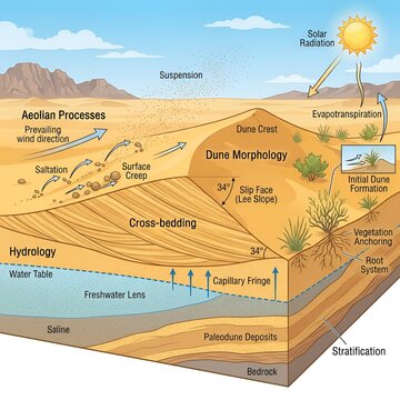 Educational diagram of aeolian processes and dune morphology in a desert ecosystem