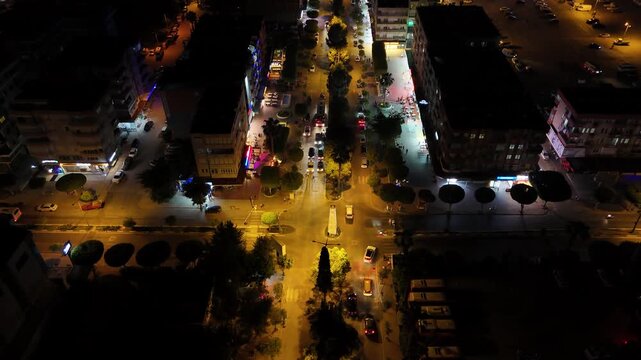 Aerial drone view of Alanya, Turkey at night, featuring the illuminated Mediterranean coastline, city lights, beachfront, urban landscape and night resort atmosphere.
Night aerial view of Alanya on th