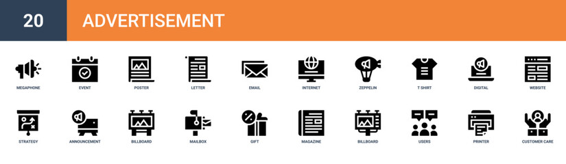 Set of 20 outline web Advertisement icons such as customer care, printer, users, billboard, magazine, gift, mailbox vector icons for report, presentation, diagram, web design, mobile app © Elvin