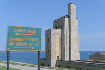 Naklejka premium sign at RC Harris Water Treatment Plant, designed by TC Pomphrey, 1932-1941, in Art Deco style, for Public Works Toronto (2701 Queen St E)