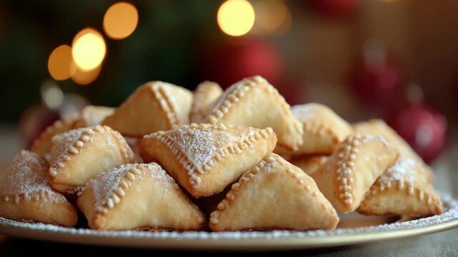 Assorted Triangular Powdered Sugar Cookies with Festive Christmas Background