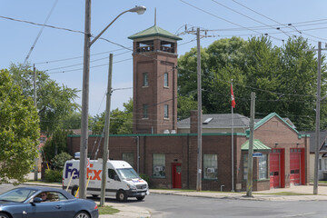 Naklejka premium view of historic Birchmount Fire Hall (Scarborough Fire Hall #1), built in 1925, with hose tower, now a museum located at 351 Birchmount Rd, Toronto