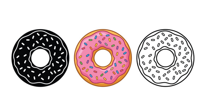 Delicious glazed pink donut vector illustration set featuring colorful sprinkles for creative graphic design asset projects