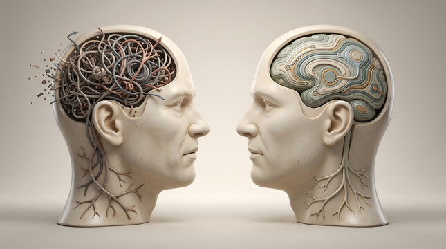 Stylized 3D comparison of chaotic mental health network versus regulated cognitive balance