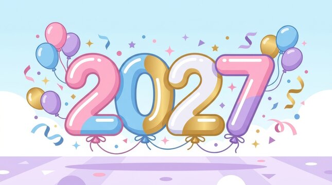 New year 2027 balloon shaped numbers with colorful confetti and streamers on a light blue background for celebration.