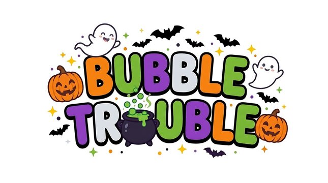 Bubble trouble halloween themed typography design with cute ghosts pumpkins bats and cauldron for kids party invitation.