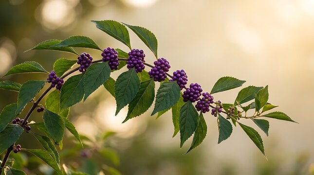 Close up of purple beautyberry fruit clusters on a green branch growing in a sunny garden outdoor view. american beautyberry