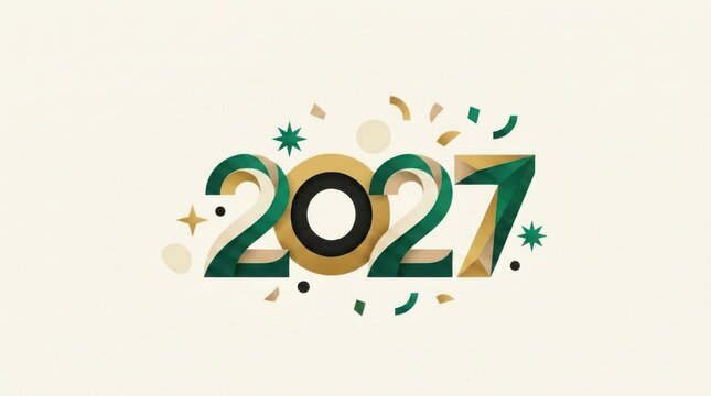 New year 2027 design with green gold geometric numbers and festive confetti on light background ideal for celebration.