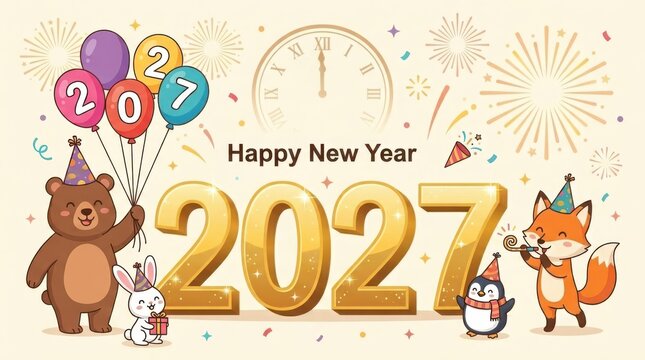 Adorable forest animals wearing party hats celebrating new year 2027 with balloons and clock countdown festive illustration for event card.