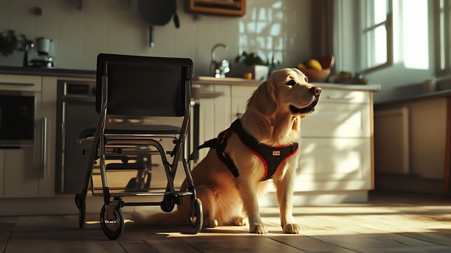 Trained service dog standing on counter beside handler high resolution picture