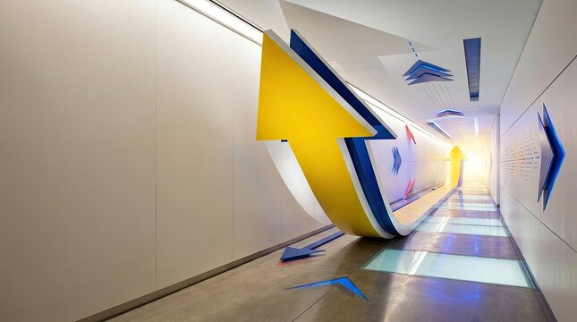 Futuristic building corridor with a large yellow arrow sculpture and illuminated glass floor.