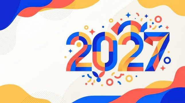 Colorful geometric number 2027 design with abstract shapes and patterns for modern new year greeting card or creative corporate invitation.