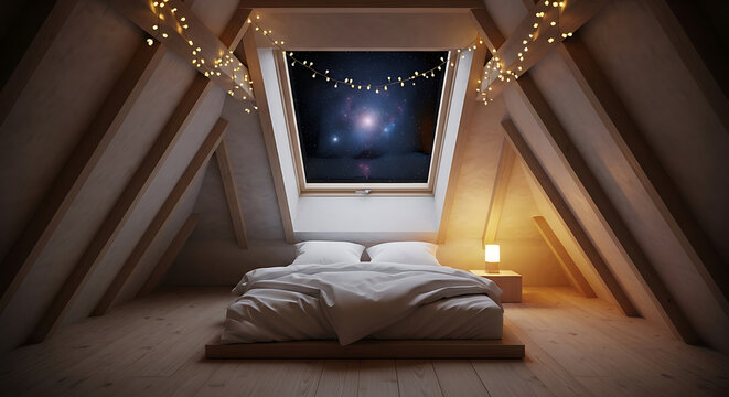 Minimalist attic bedroom with white bed and night sky view through window background full hd download 2025 2026