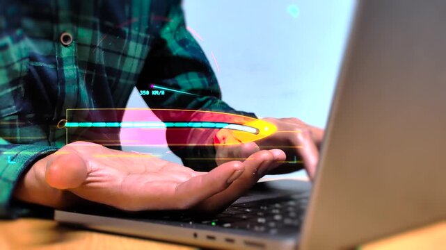 Developer typing laptop keyboard displaying hologram interface featuring high speed rail train icon representing modern transportation technology and railway network automation infrastructure.