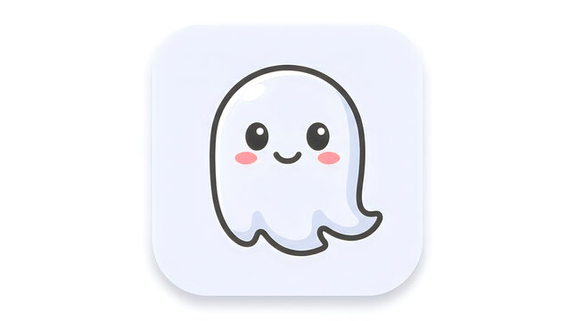 Cute little white ghost character with a happy smiling face and pink cheeks for a fun halloween themed mobile app icon or web sticker design