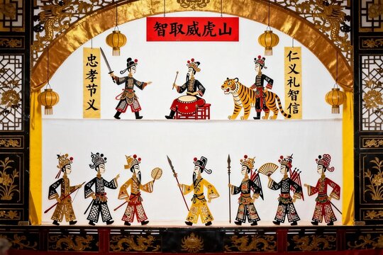 Chinese Shadow Puppet Theater Performance with Traditional Characters