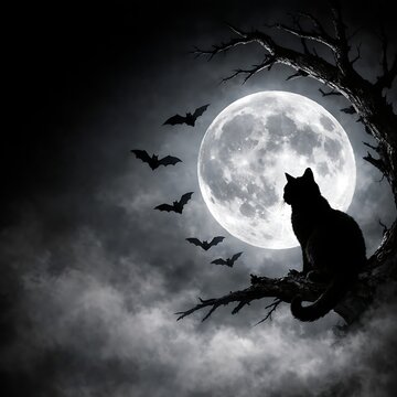 Black cat silhouette watching a full moon with bats and spooky tree branches halloween theme