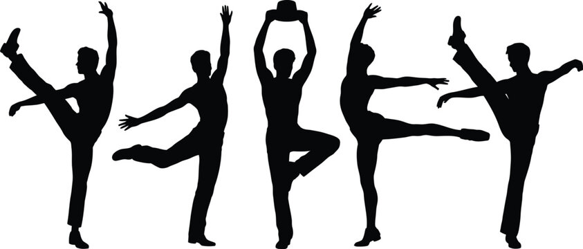 A set of five black silhouettes of male dancers performing various ballet and contemporary dance moves, including kicks and graceful poses, on a white background