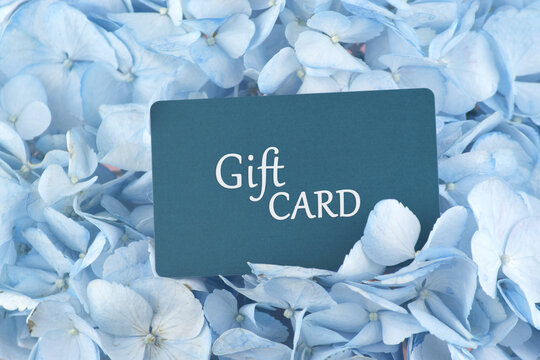 Blue Gift Card with flowers on a light background