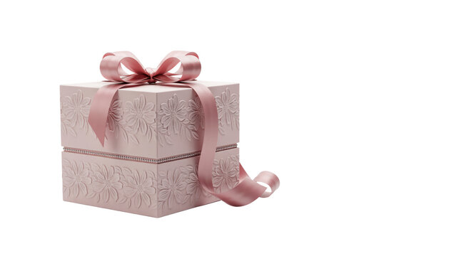 Square pale pink gift box with embossed floral patterns and a satin ribbon bow on isolated on a transparent background