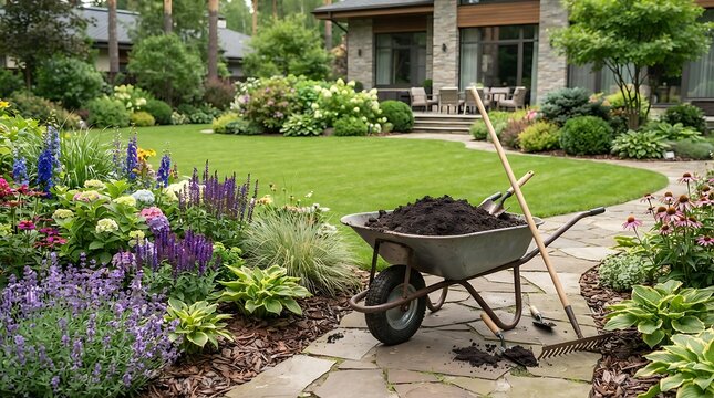 Wheelbarrow filled with soil and gardening tools on a stone path in a beautiful landscaped backyard garden with lush flowers and a green lawn