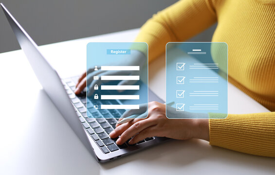 Completing online surveys; registering via the online registration form; registering as a new user; filling out the application form with personal information to create an account on the website.