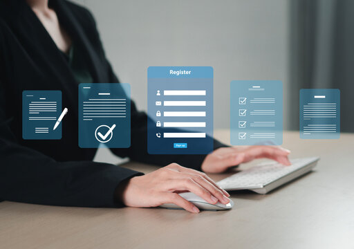Completing online surveys; registering via the online registration form; registering as a new user; filling out the application form with personal information to create an account on the website.