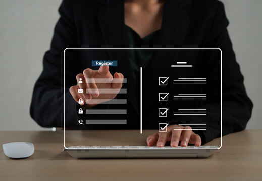 Completing online surveys; registering via the online registration form; registering as a new user; filling out the application form with personal information to create an account on the website.