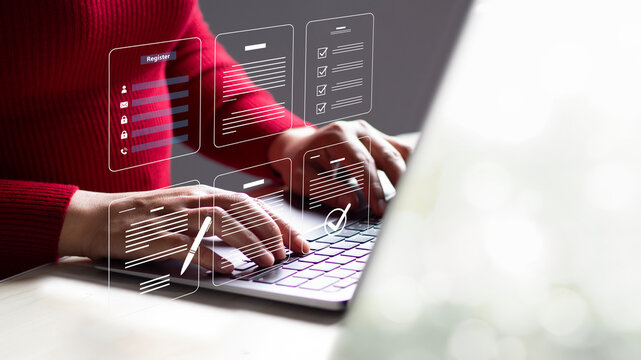Completing online surveys; registering via the online registration form; registering as a new user; filling out the application form with personal information to create an account on the website.