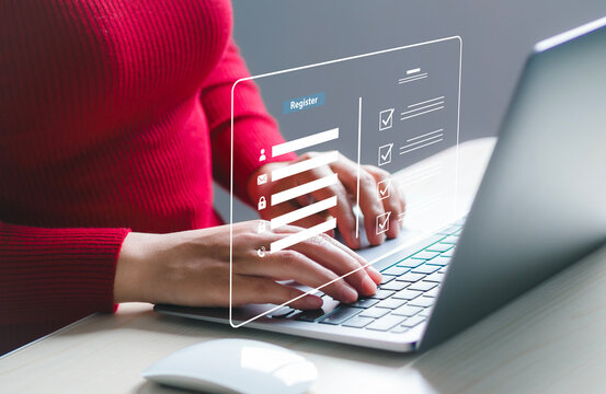 Completing online surveys; registering via the online registration form; registering as a new user; filling out the application form with personal information to create an account on the website.