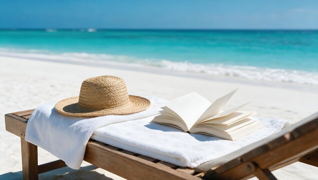 Open Book and Straw Hat Resting on a Beach Chair Overlooking the Tropical Turquoise Ocean