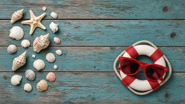Summer Beach Vacation Essentials Featuring Seashells and a Lifebuoy on Rustic Teal Wood Planks
