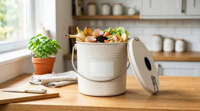 White metal compost bin filled with organic food waste scraps on kitchen counter
