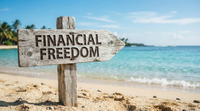 Wooden signpost on a tropical beach pointing to financial freedom