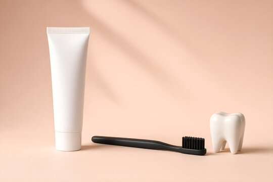 Dental Hygiene Essentials with Toothbrush Tube and Tooth Model on Soft Beige Background