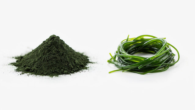 Green spirulina powder pile and fresh coiled seaweed on white background.