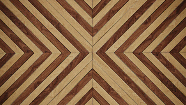Geometric wooden parquet flooring with light and dark contrasting wood planks.