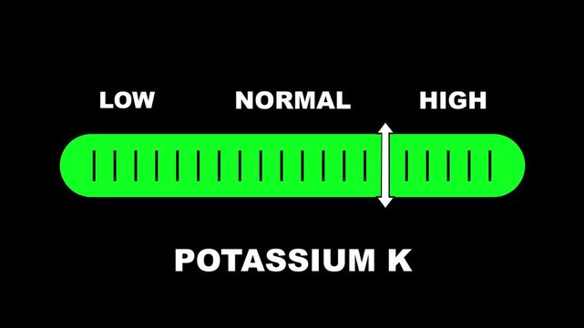 Potassium K indicator scale. Low normal high meter infographic animation on black background. Showing high potassium k level color gauge indicator for nutrition and electrolyte health monitoring.