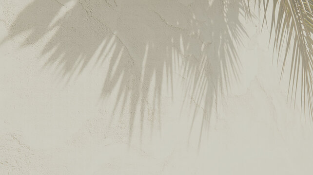 Natural palm leaf shadow pattern on a light beige stucco wall texture.