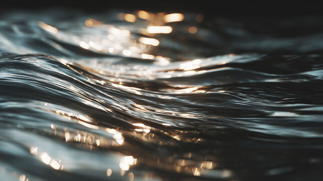 Macro close up of dark ocean waves with warm golden light sparkle