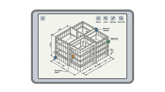 Architectural software on digital tablet displaying 3D building wireframe with structural annotations, dimensions, and project management tools