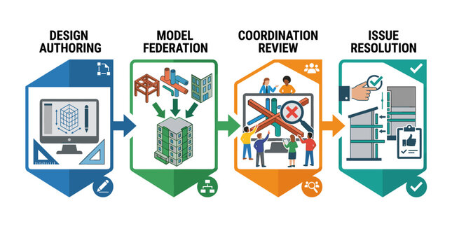 Professional BIM workflow infographic depicting architectural design authoring model federation coordination review and issue resolution stages