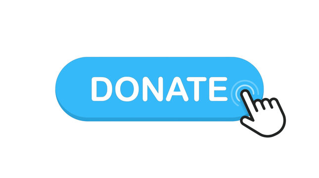 Blue rounded donate button with white text being clicked by a cursor on white background