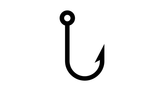 Minimalist black fishing hook icon illustrated with sharp edges and bold flat vector graphic style