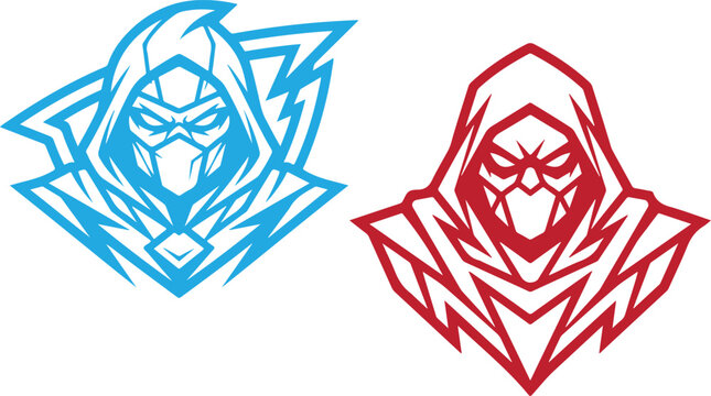 Esports mascot vector logo set featuring hooded ninja assassin characters in blue and red for gaming team branding