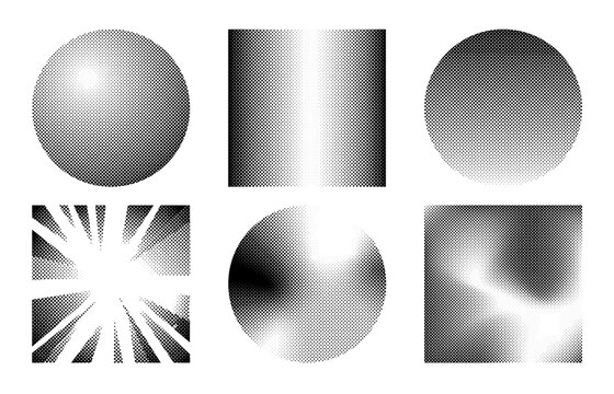 Set of square comic halftone patterns. Vector illustration of black dot gradient texture with smooth fade transition and pixel effects on white background, abstract backdrops for manga comic design
